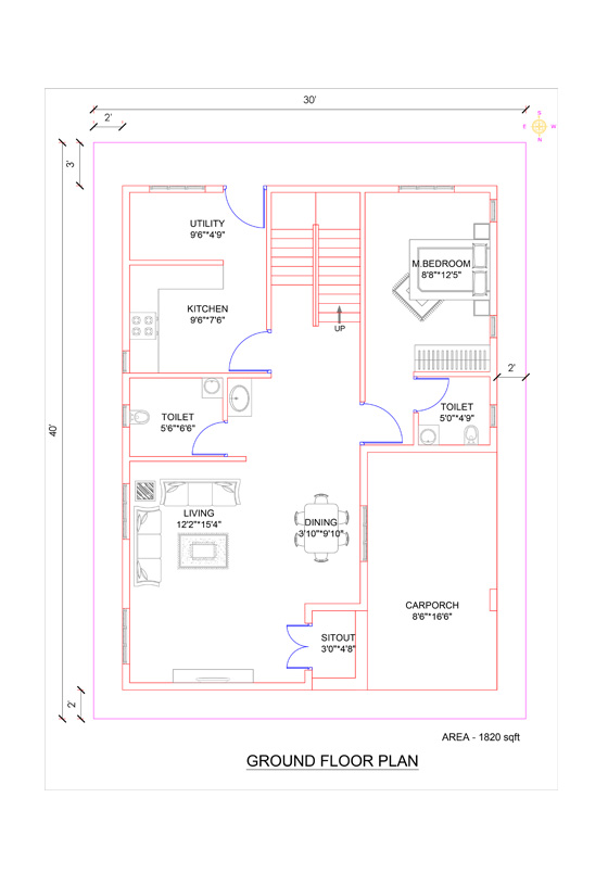 30x40 North face vastu house plan