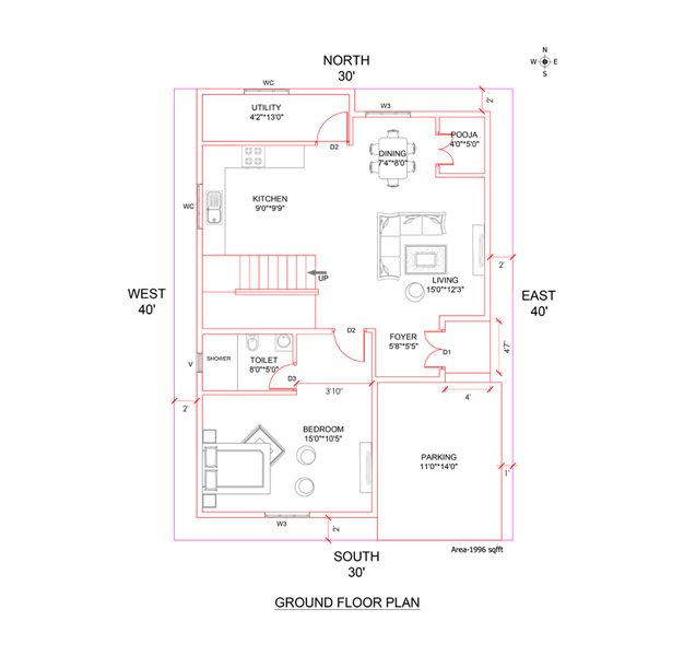 30x40 South Face Vastu House Plan